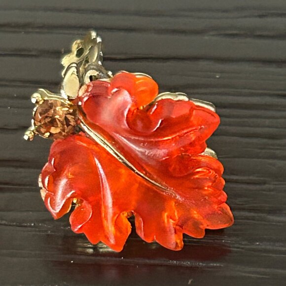 VTG LISNER Leaf Clip-On Earrings Gold Tone & Orange Molded Glass Fall Accessory - Picture 7 of 10
